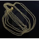 A Victorian style 18ct gold double strand round link guard chain, 39.5 grams, 94cm.