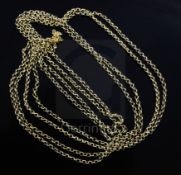 A Victorian style 18ct gold double strand round link guard chain, 39.5 grams, 94cm.