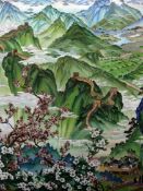 A large Chinese cloisonne enamel panel, late 20th century, depicting a landscape including The Great