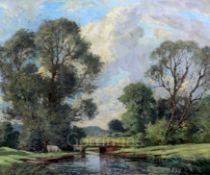 § Percy Lancaster (1878-1951)oil on canvasRiver landscape with cattle beside a bridgesigned20 x