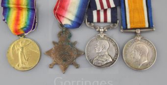 A WWI Military medal group of four Private T.W. Bishop, 1/16 London Regiment, comprising trio and