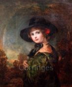 English School, circa 1840oil on canvasPortrait of a girl wearing a black hat and rose in her