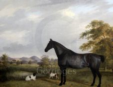 H.C. Smith (19th C.)oil on canvasPortrait of a black horse and two dogs in a landscapesigned and