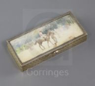 A French engine-turned silver-gilt rectangular box inset a racing scene watercolour, inscribed