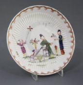 An early Derby ribbed saucer, c.1756-9, painted with Chinese figures in a landscape, iron red and