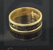 A George III 22ct gold and black enamel mourning band, inscribed "Philip Cade Esq, Ob. 27 Jan 1799