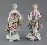 A pair of Derby pastoral figures, c. 1760, the gentleman holding a lamb and a posy of flowers with a