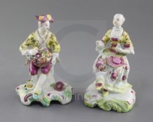 A near pair of early Derby 'Pale Family' figures of a seated gentleman and woman, c. 1756-8, both