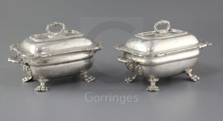 A pair of George III Irish silver two handled rectangular vegetable tureens and covers by James Le