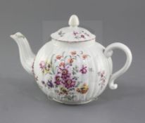 A rare Derby ribbed teapot and cover, c.1758, painted in 'Cotton-stem painter' style with a loose
