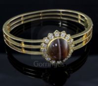 A mid 20th century Victorian style pierced gold, diamond and cabochon banded agate set hinged