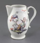 A Derby ovoid jug, c.1760-5, painted with two exotic woodpecker-like birds perched on a tree stump