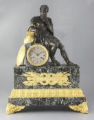 A mid 19th century gilt and patinated bronze mounted antico verdi marble mantel clock, Naudin &