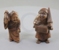 Two Japanese wood netsuke, 19th century, the first of a stooping old woman with pained expression,