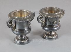 A pair of 19th century Sheffield plate two handled wine coolers, of campana form, with engraved