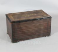 A late 19th century Swiss marquetry inlaid rosewood and simulated rosewood twelve air musical box,