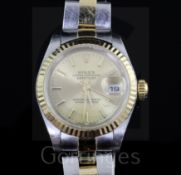 A lady's 2001 steel and gold Rolex Oyster Perpetual Datejust wrist watch, with yellow dial and baton