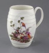 A large Derby barrel-shaped cider mug, c.1760-5. painted with two exotic birds and fruit in a