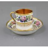 A Sevres porcelain coffee can and saucer, c.1820, each finely painted with a garland of flowers