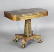 A Regency brass inset rosewood card table, with D shaped top and foliate scroll decorated squared