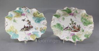 Two rare early Derby dishes, c.1756-9, each of oval form with a vineous moulded border, the first