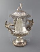 A good George IV silver two handled presentation cup and cover, by Samuel Hennell?, inscribed "Louth