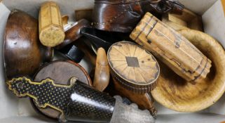 A collection of assorted early 19th century and later treen snuff boxes, four papier mache snuff