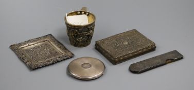 A Greek 925 cup, an 835 cigarette case, compact, a dish and a comb.