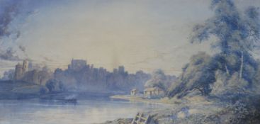 Unsigned watercolour, Castle landscape, 23 x 47cm