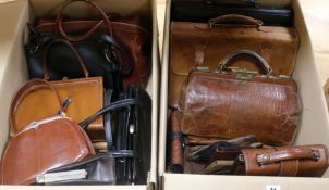 Two boxes of handbags and a doctors bag