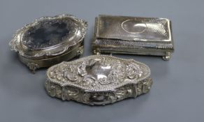 Three large silver trinket boxes, including one rectangular planished box with oval vacant