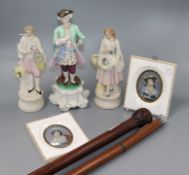 A gilt metal coronet, framed crystoleum, pair of ivory framed miniatures and two walking canes