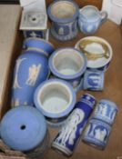 A collection of 19th century jasperware, tobacco jars, stands etc