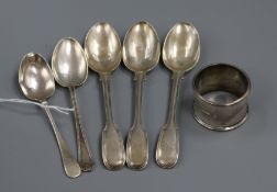 A silver napkin ring and five assorted silver teaspoons including three Victorian.