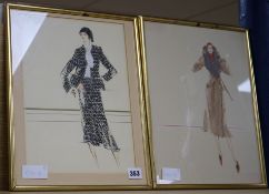 Parris, late 20th century, felt tip and oil pastel, pair of fashion drawings, inscribed "Parris 77",