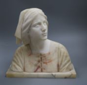 An alabaster and marble bust, after Guiseppe Bessy of Joan of Arc 29cm high