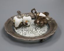 A German 925 mounted salver, jug and an 800 mounted condiment set.
