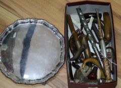 Assorted collectables including plated salver and novelty and other cane handles etc.