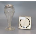 An Art Nouveau silver-mounted glass vase and an Asprey mantle clock Vase 22cm high