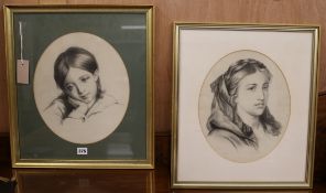 A pair of lithographs, portraits of young women, 34 x 28cm