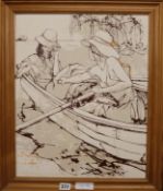 Bernard Dufour, oil on board, Young women in a rowing boat, signed 46 x 37cm