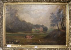 Victorian School, oil on canvas, Cattle in a meadow, monogrammed JH dated 1886, 49 x 74cm