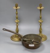 A copper pan and a pair of brass candlesticks etc