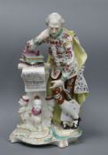 A large Derby figure of Shakespeare, c.1760, with floral painted jacket and breeches, scroll