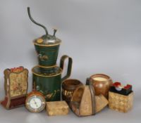 A group of assorted treen including a pair of stirrups, a L. Hasiak vase and a toleware fumigator