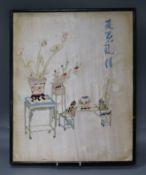 A Chinese embroidered silk picture of antiques, early 20th century, 36cm wide, 45cm high