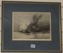 William Lionel Wyllie, etching, 'HMS Queen Elizabeth at the Dardanelles', signed, 22 x 29cm