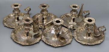 A set of six 19th century plated chambersticks, together with six associated snuffers 16.6cm