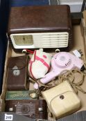 A vintage Bakelite radio, Bakelite camera and two other cameras etc.