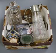 Three silver photograph frames, silver-mounted sugar caster, silver clothes brush and claret jug,